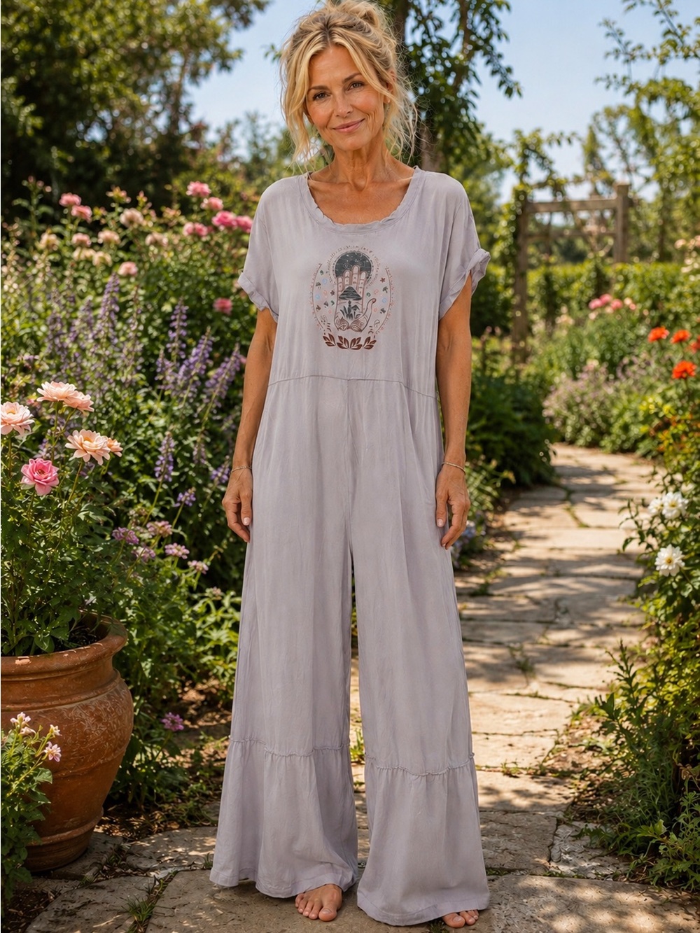 Yak & Yeti L/XL Lavender Wide Leg Jumpsuit Embroidered Boho Pockets NWT - Picture 1 of 5